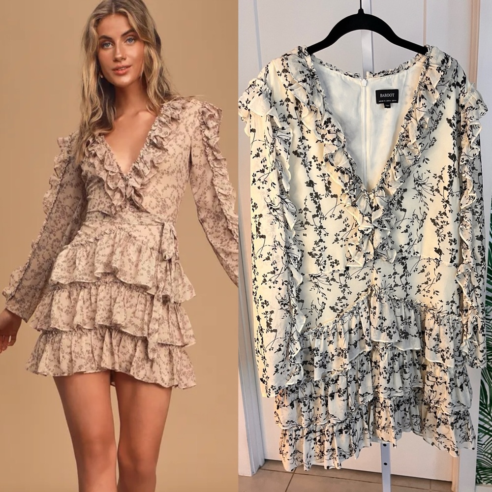 Bardot Floral Ruffle Mini Dress in Cream and Black